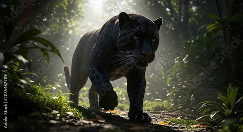Majestic black panther walking through a sunlit jungle