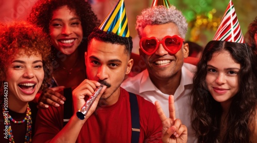 Friends celebrating together with smiles and colorful accessories at lively party. Friends enjoy vibrant atmosphere with festive hats, glasses, and cheerful expressions at social gathering.