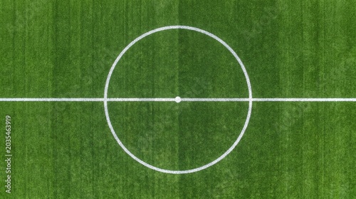 Aerial View Of Professional Green Synthetic Soccer Pitch With White Center Circle And Halfway Line Markings