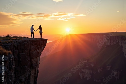Couple hanging off cliff edge captured in mesmerizing sunset aerial shot
