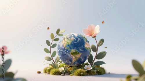 High-End 3D Render of Earth Surrounded by Floral Elements and Butterflies