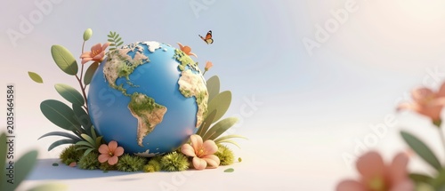 Realistic 3D Render of Earth Surrounded by Colorful Flora and Fauna