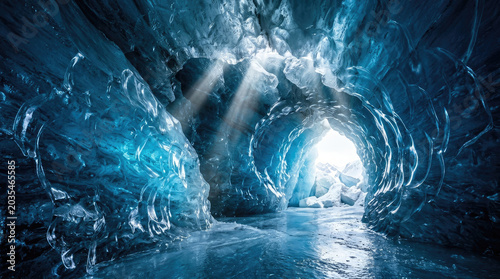 Majestic Ice Cave with Natural Light Illuminating Blue Ice Formation