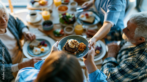 A European nurse viewed from above in soft blue uniform serves a bright breakfast to calm elderly residents at a sunny nursing home table in soft daylight nursing breakfast