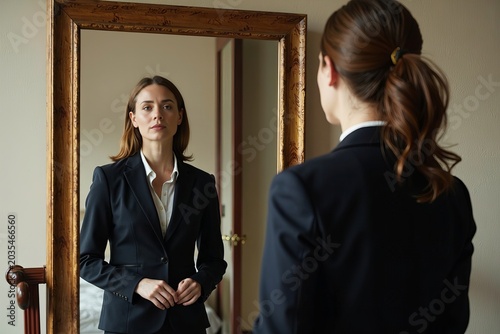 A Confident Woman in a Suit: Unveiling Her Inner Warrior Princess in the Mirror