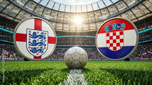 2026 world cup soccer ball - England vs Croatia football match concept with national flags and soccer ball on stadium grass