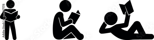 stickman reading books vector icons in different sitting poses isolated, student and learning silhouette vector set for education concepts, human reading vector illustrations for library and study 