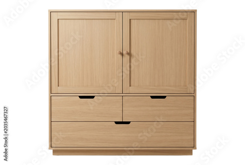 Modern light wood wardrobe cabinet with drawers and doors. Isolated on transparent background, png