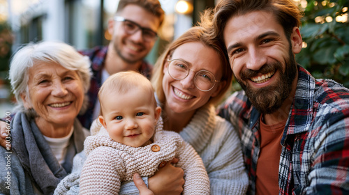 A European three generation family viewed from above takes a soft group photo together surrounding a bright baby in front of a calm home in soft daylight family photo faceless