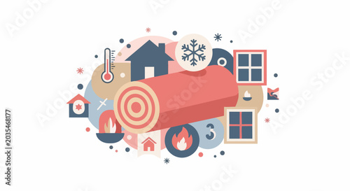 Home Insulation and Energy Efficiency Concept Illustration with Thermal Blanket, House Icons, and Temperature Symbols for Winter Preparation