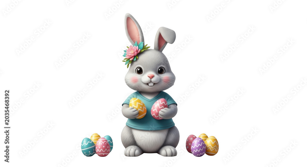 Fototapeta premium Cute grey easter bunny wearing a blue shirt and a floral headpiece, holding colorful patterned eggs against a black background