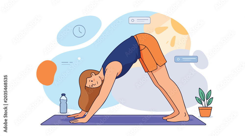 Obraz premium Illustration of a woman practicing downward-facing dog yoga on a purple mat with a water bottle and plant nearby.