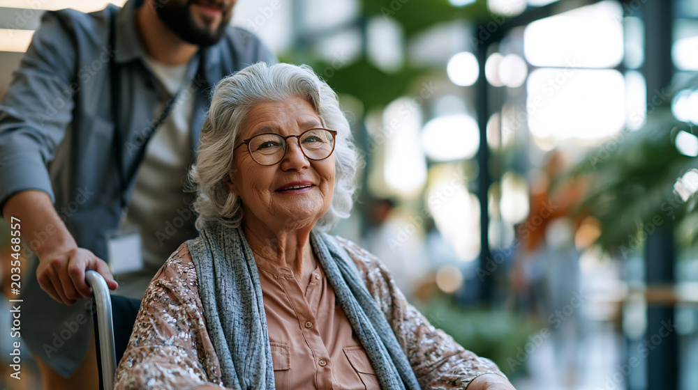Fototapeta premium A European male caregiver viewed from the side pushes softly a calm senior woman in a bright wheelchair through a sunny modern facility in soft daylight wheelchair care faceless