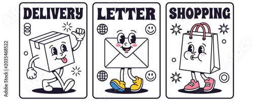 Retro cartoon characters for delivery, letter, and shopping services.