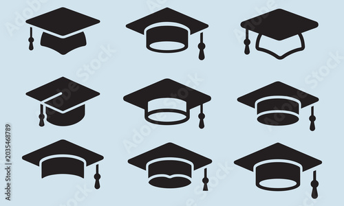 Collection of Graduation Caps Icons on a Light Blue Background