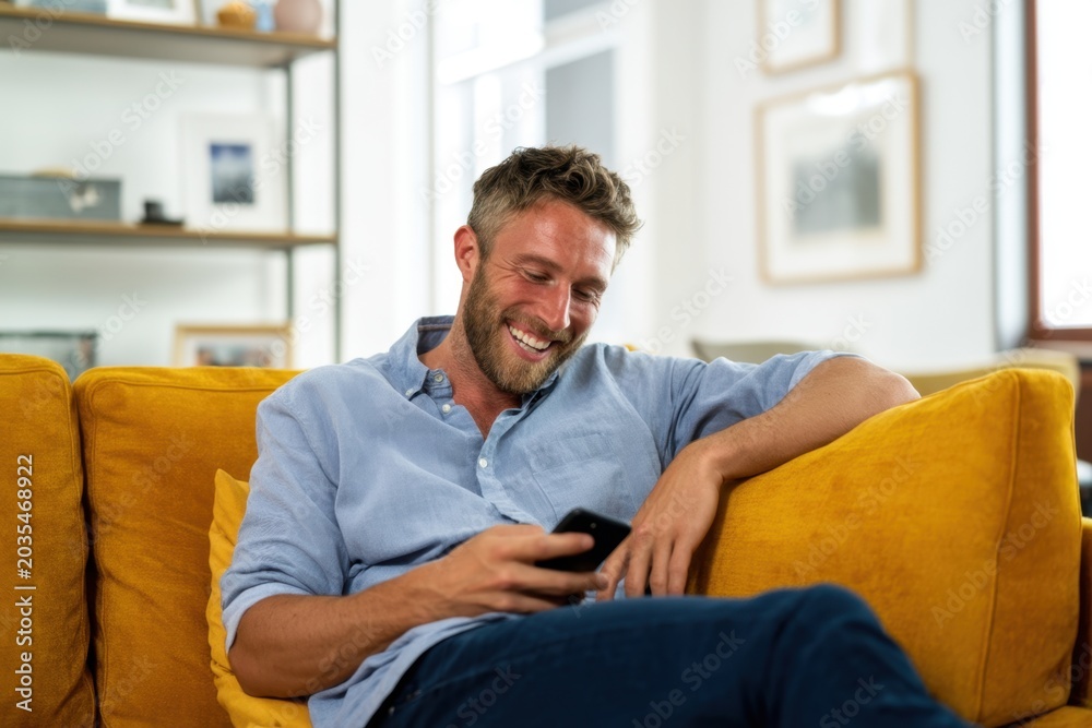 Fototapeta premium The man on a yellow sofa enjoying a laugh while using his smartphone at home