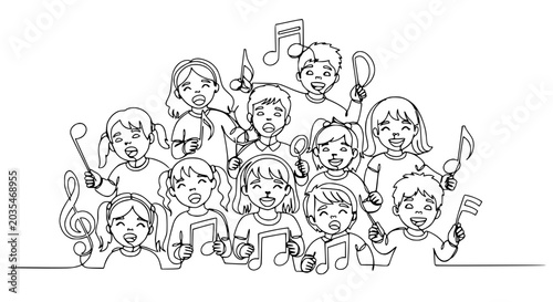 Happy Diverse Children Singing Together with Musical Notes