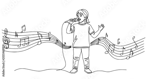 Child Singing with Microphone and Musical Notes - One Line Drawing Illustration