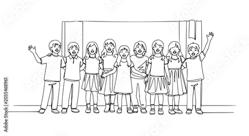 Diverse group of happy children singing together, line art illustration