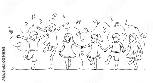 Happy Children Dancing and Singing, Continuous Line Art