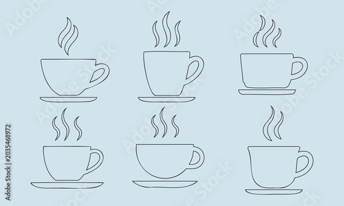 Set of steaming coffee cups and saucers in a minimalist line art style on a light blue background