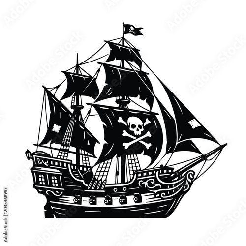 Obraz na plátne Pirate ship graphic illustration with jolly roger skull and crossbones flag