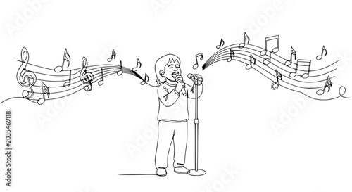 Child singing into microphone with musical notes, hand-drawn style