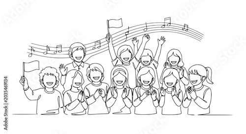 Photos Joyful Crowd Cheering with Flags and Music Notes - Line Art Illustration