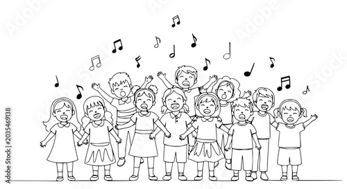 Happy Children Choir Singing with Musical Notes