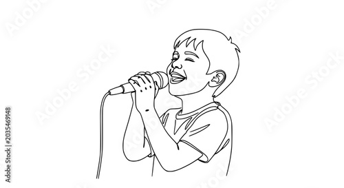 Joyful Boy Singing into Microphone, Line Art Illustration