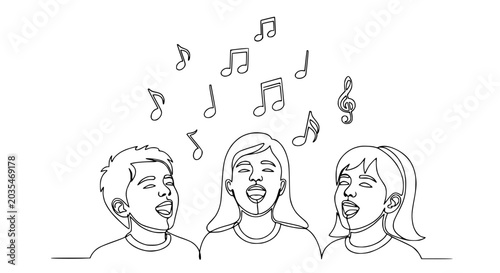 Children singing together with musical notes floating above them, continuous line drawing.