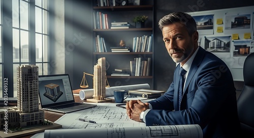 Experienced male architect sitting at a desk with building models