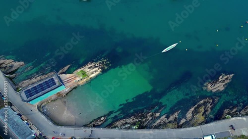 Aerial views of the harbor in the costal village and port of Mevagissey on the south coast of Cornwall in the southwest of England.