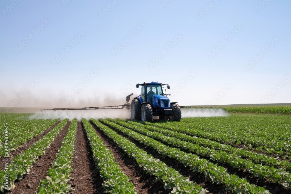 Fototapeta premium The tractor spraying crops across a vast green field under clear blue sky