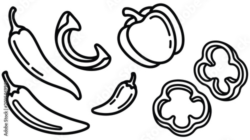 Obraz na płótnie Vegetable line art set with chili peppers and bell pepper silhouettes
