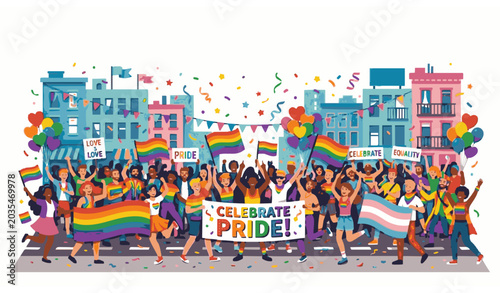 Colorful pride parade street celebration with dancing crowd and rainbow flags vector illustration