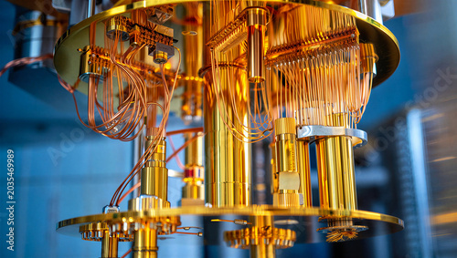 Closeup of the interior components of a quantum computer dilution refrigerator