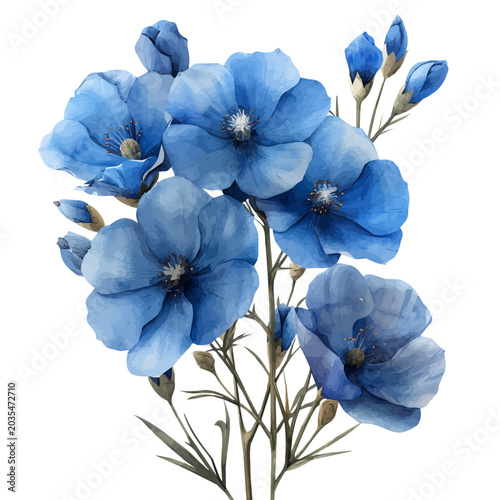 Blue Flax Flower, illustration watercolor with playful splashes and delicate line details, isolated on a white background.