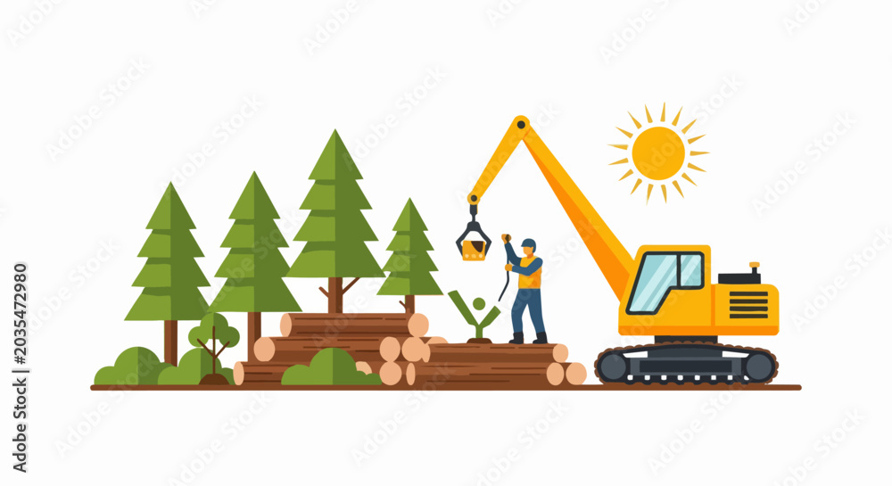 Fototapeta premium Sustainable Forestry and Logging Industry Illustration with Worker, Excavator Machine, Timber Logs and Reforestation Concept