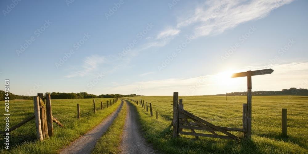 Fototapeta premium The country lane winding through green fields with rustic gate at sunrise