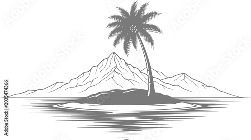 Photos Stylized island paradise with palm tree and mountains reflected in water
