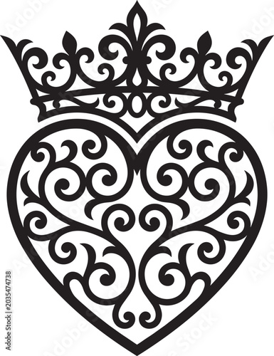 Ornate heart silhouette with crown vector illustration for romantic wedding card design.