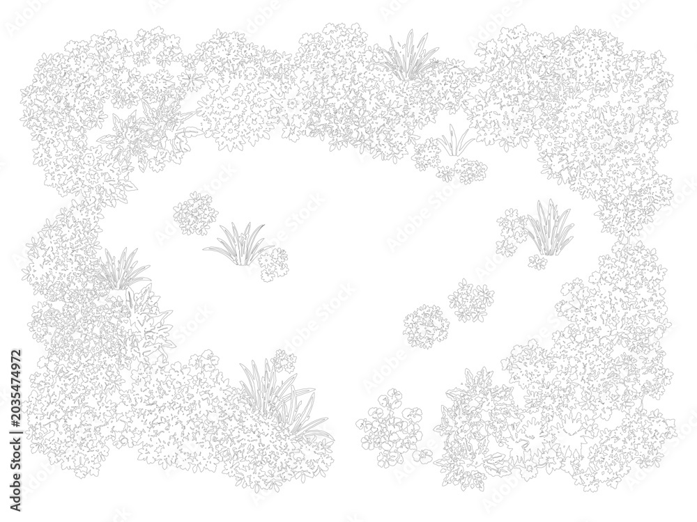 Obraz premium Top View Dense Tree Border Frame Layout CAD Line Art — Editable Outline White Fill Landscape Plan