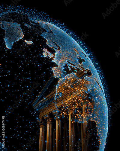 Global Finance and Ancient Architecture: A digital globe with glowing lights superimposed over classical Greek columns, symbolizing the fusion of modern technology and enduring financial structures.
