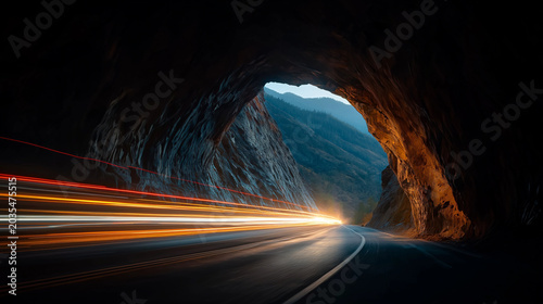 Tunnel Vision: The dramatic interplay of light and shadow as car light trails streak through a dark mountain tunnel, revealing the illuminated exit with a breathtaking vista beyond.