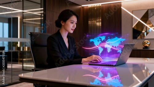 Woman working on laptop with holographic map