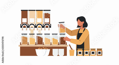 Zero Waste Grocery Shop Illustration: Sustainable Bulk Food Shopping with Eco-Friendly Glass Jars and Grain Dispensers