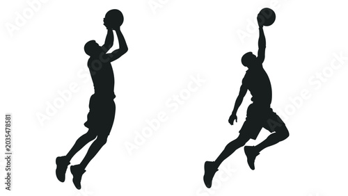 Photos Basketball player jumping silhouettes vector illustration, athlete shooting and