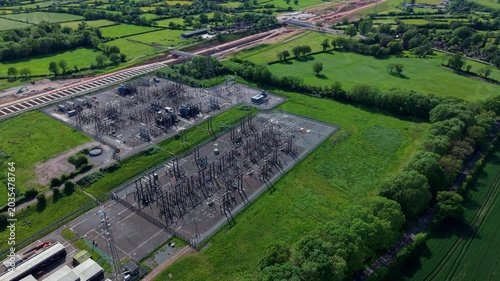 Birds eye view of a large transmission substation infrastructure yard handling high voltage electricity