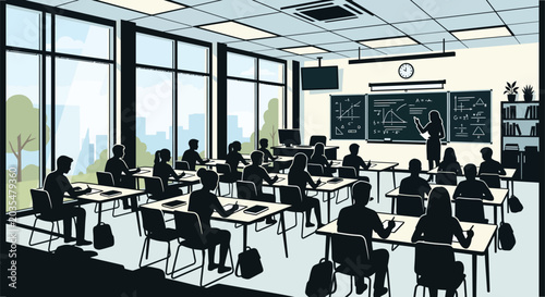 Classroom Silhouette With Students And Teacher Scenic Backdrop